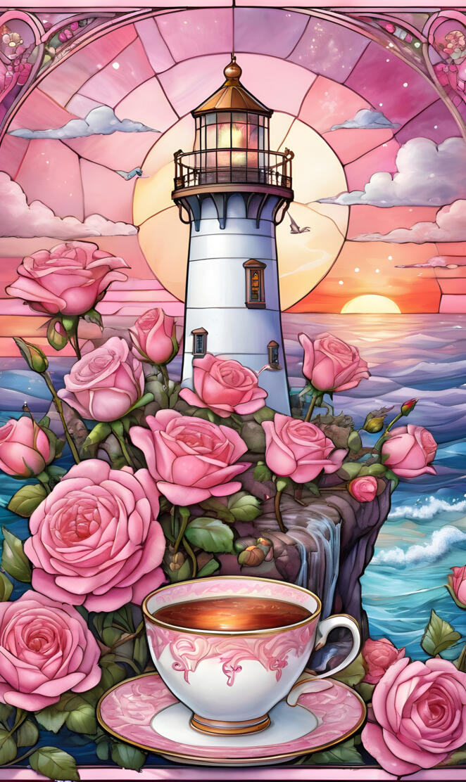 a tea cup and saucer on a table with a painting