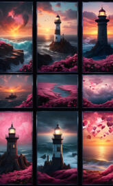 a collage of photos of a lighthouse and the ocean