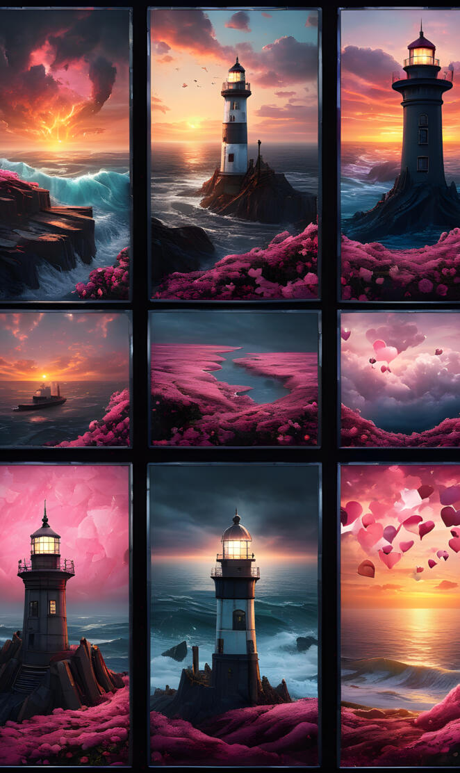 a collage of photos of a lighthouse and the ocean
