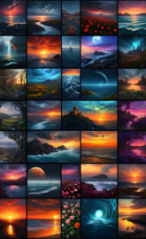 a collage of photos of different sunsets
