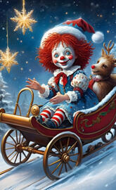 Raggedy Ann driving Santas sleigh