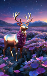 a deer with antlers standing in a field of flowers