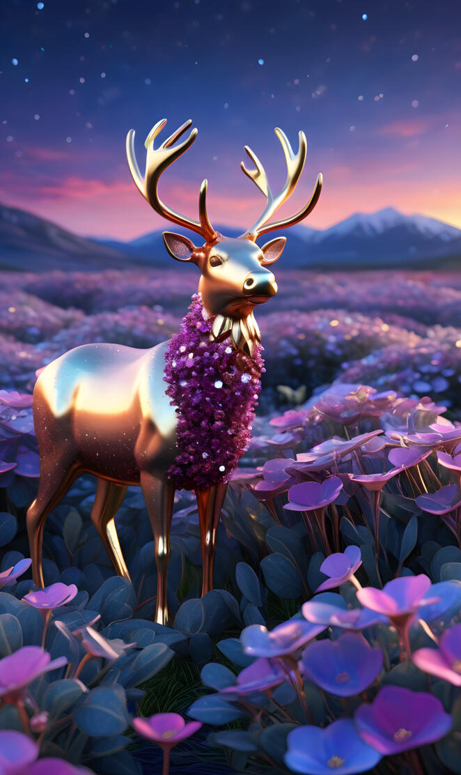a deer with antlers standing in a field of flowers