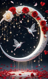 a heart shaped cake with roses and a couple of humming birds flying