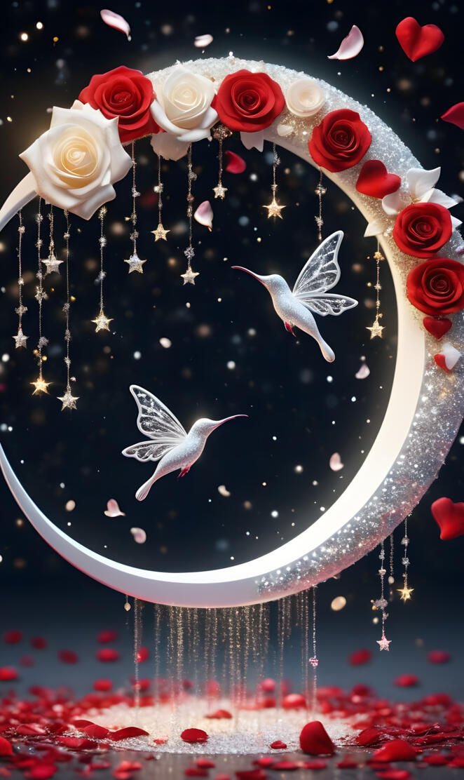 a heart shaped cake with roses and a couple of humming birds flying
