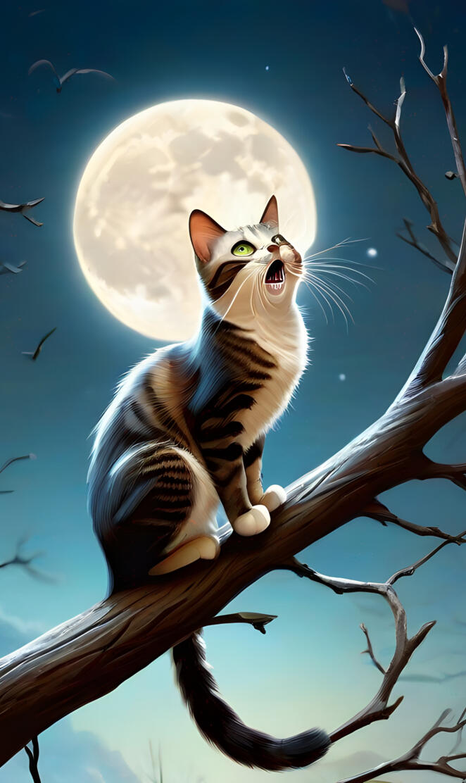 gato maullando a la luna