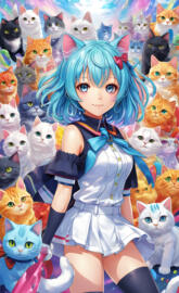 a girl with blue hair and a white dress with a group of cats
