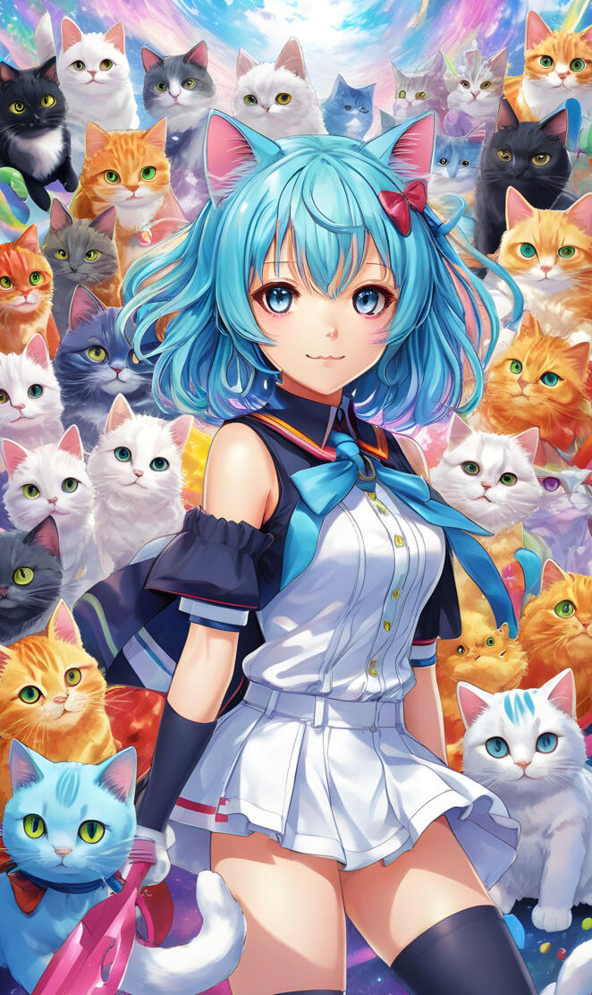 a girl with blue hair and a white dress with a group of cats