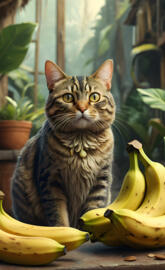 a cat sitting next to a bunch of bananas