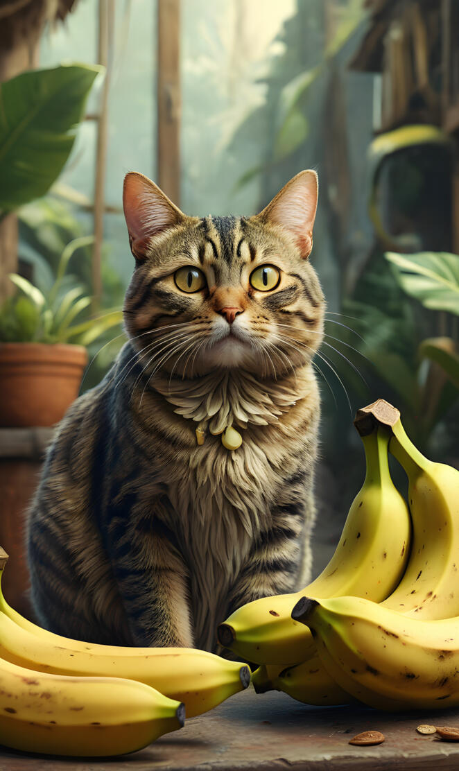 a cat sitting next to a bunch of bananas
