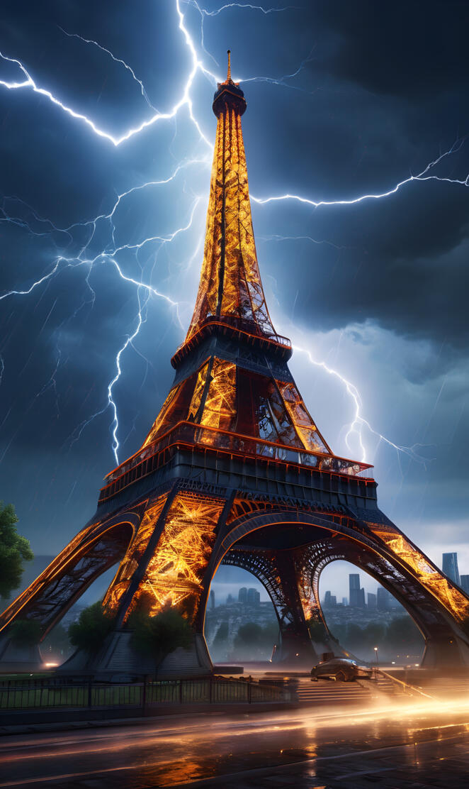 a large tower with lights at night with Eiffel Tower in the background