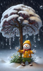 a small toy figurine next to a tree with branches and leaves