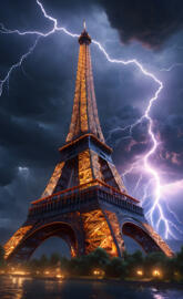 a large tower with lightning striking it with Eiffel Tower in the