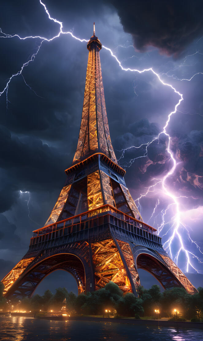 a large tower with lightning striking it with Eiffel Tower in the
