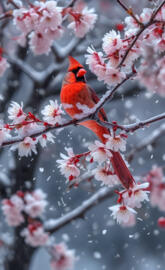a bird sitting on a branch with pink flowers