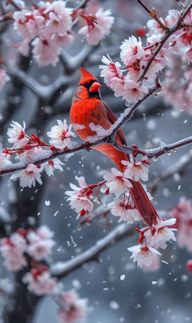 a bird sitting on a branch with pink flowers