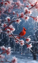 a bird sitting on a branch with pink flowers