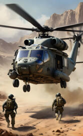 a helicopter flying over a desert