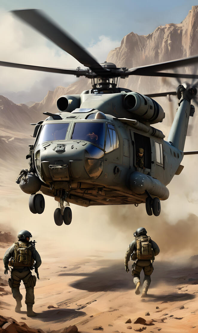 a helicopter flying over a desert