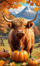 a cow with horns and a large pumpkin in a field with a mountain in