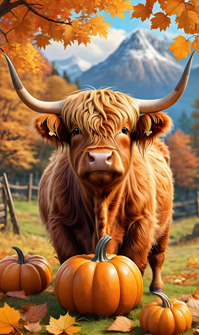 a cow with horns and a large pumpkin in a field with a mountain in