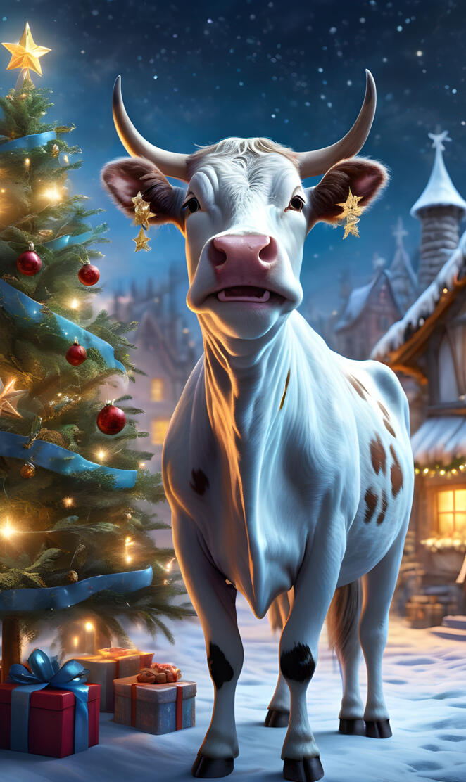 a cow with horns standing next to a christmas tree