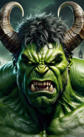 Hulk with RAM horns gamma green eyes and tusks furious mode.