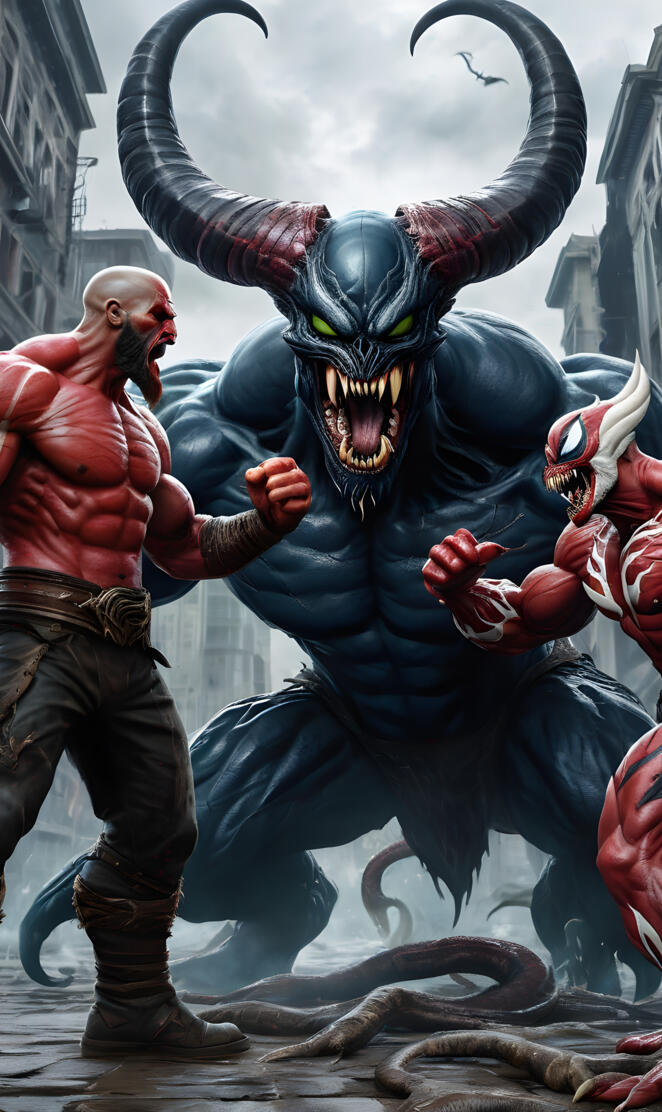 Venomized Hulk Demon horns with Kratos and Red Hulk Fused Venom