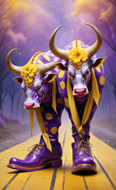 Texas long horn bulls wearing clown shoes, a strange situation