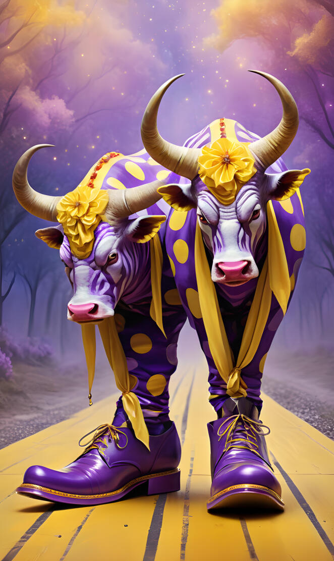 Texas long horn bulls wearing clown shoes, a strange situation