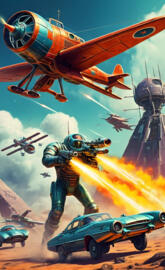 a person in a space suit with a spaceship and a car and a helicopter