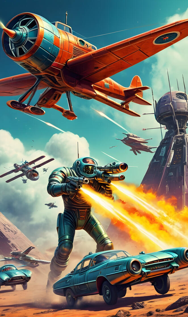 a person in a space suit with a spaceship and a car and a helicopter