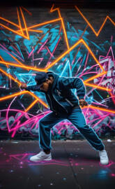 a person dances in front of a wall of lights