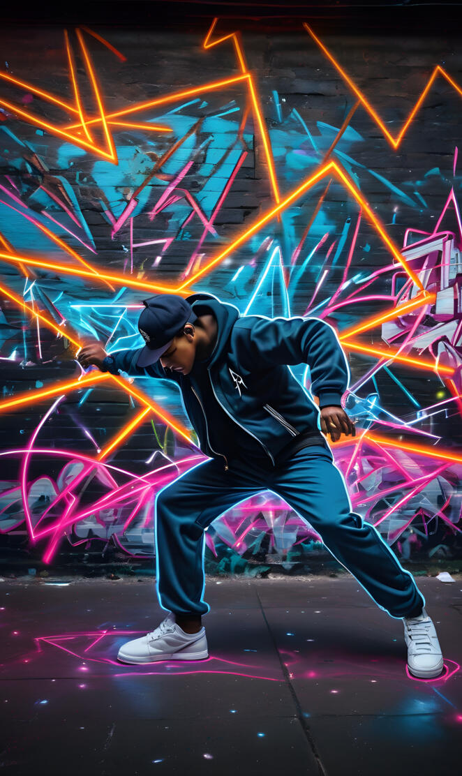 a person dances in front of a wall of lights