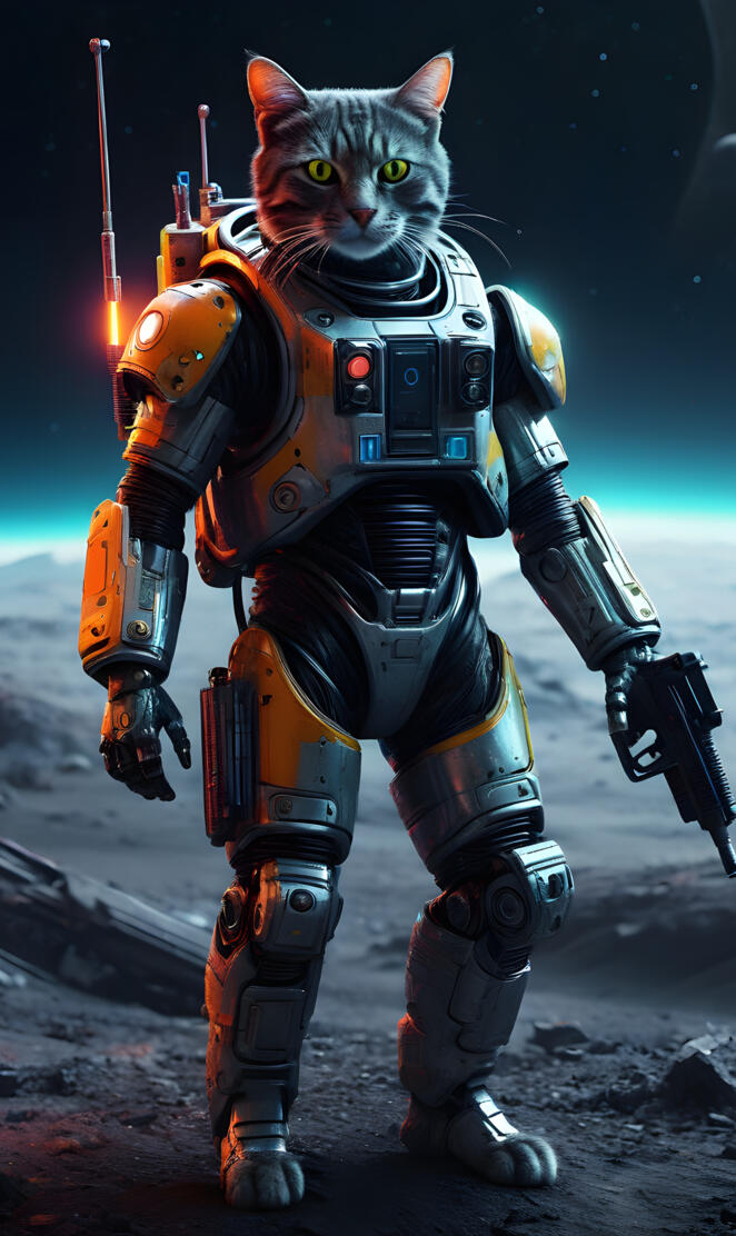 humanoid cat in a robotic suit on the moon with a laser gun in neon co