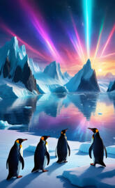 a group of penguins on ice with a bright light in the background