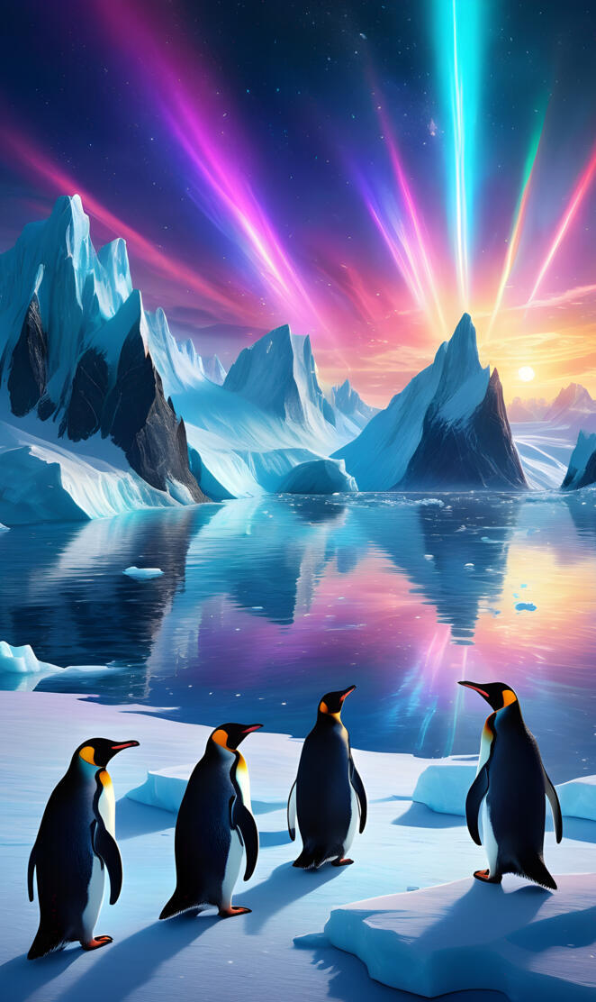 a group of penguins on ice with a bright light in the background