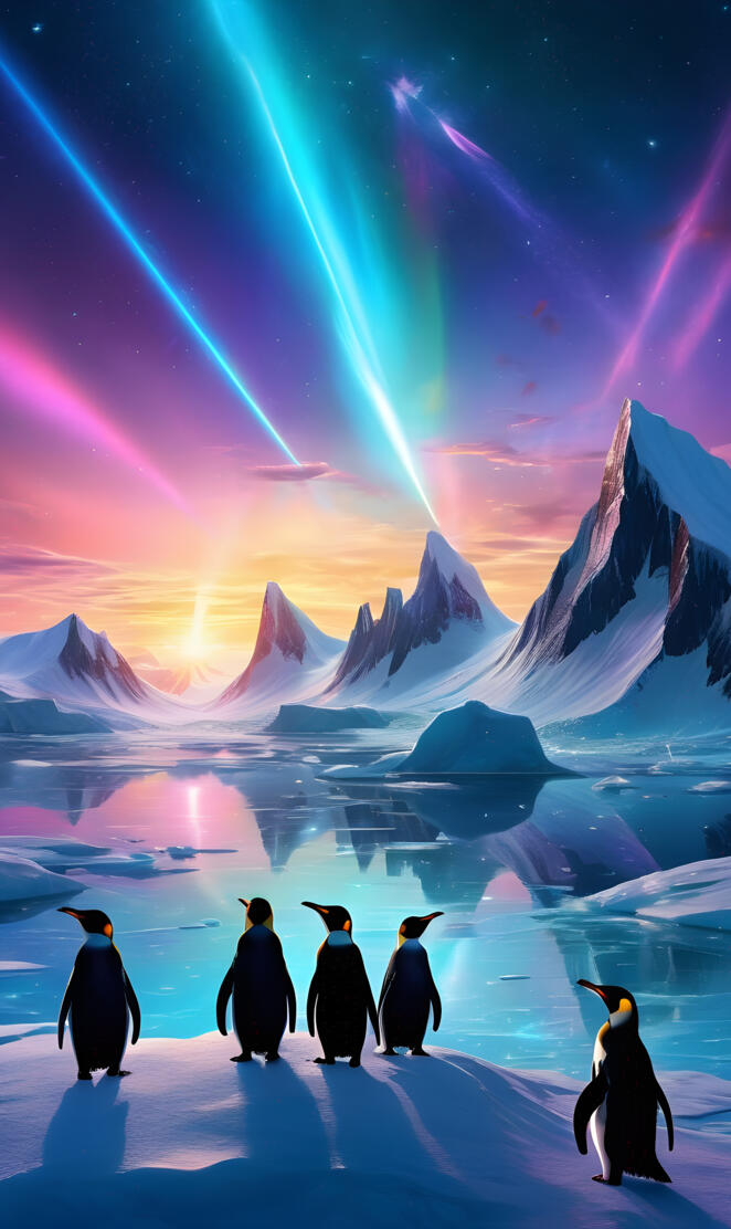 a group of penguins on a snowy mountain with a bright light in the sky