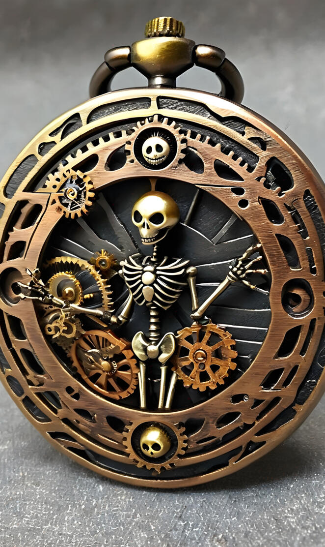 a clock with a skeleton on it