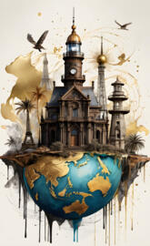 a drawing of a building with a clock tower and birds