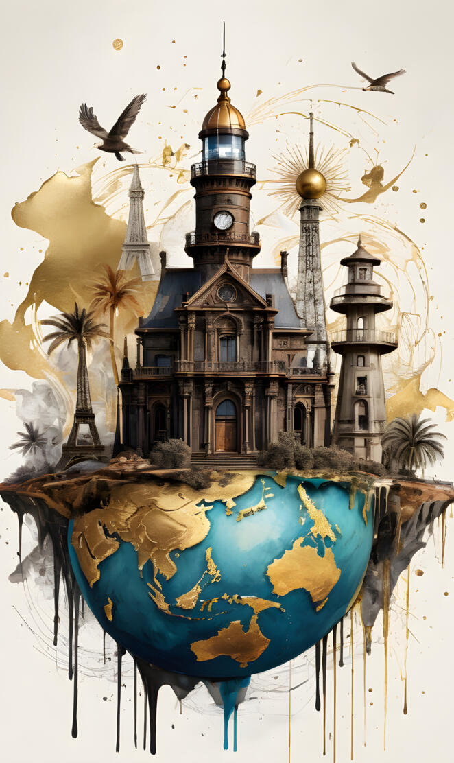 a drawing of a building with a clock tower and birds