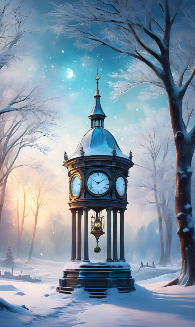 a clock tower in the snow