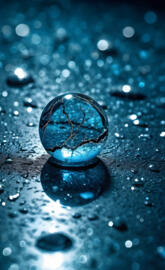 blue marble, cracked glass, water drops, reflection
