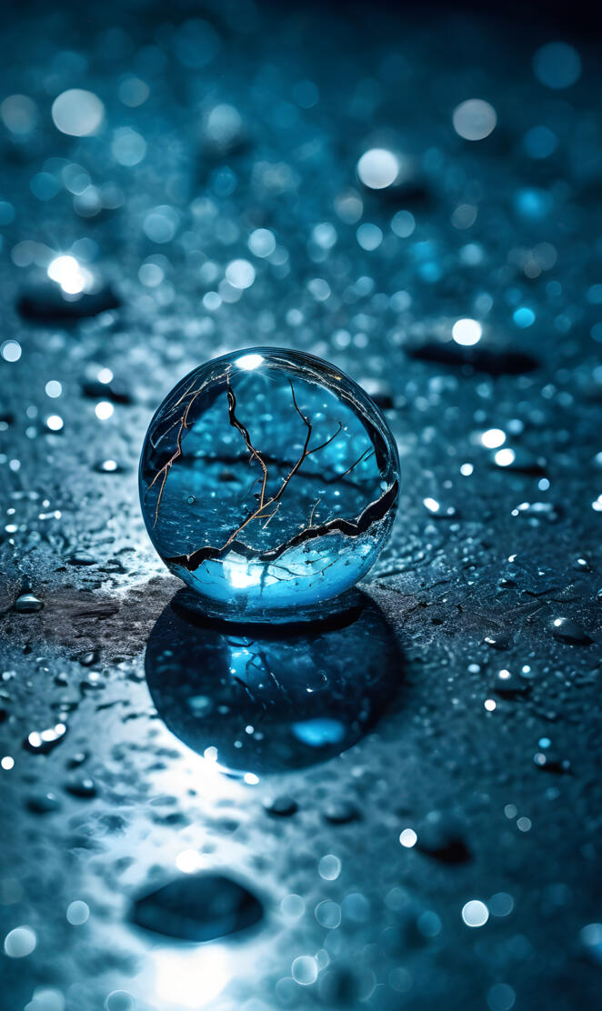blue marble, cracked glass, water drops, reflection
