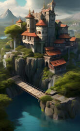 a bridge over a river leading to a large building with towers