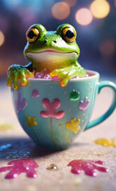 a green frog on a tea cup