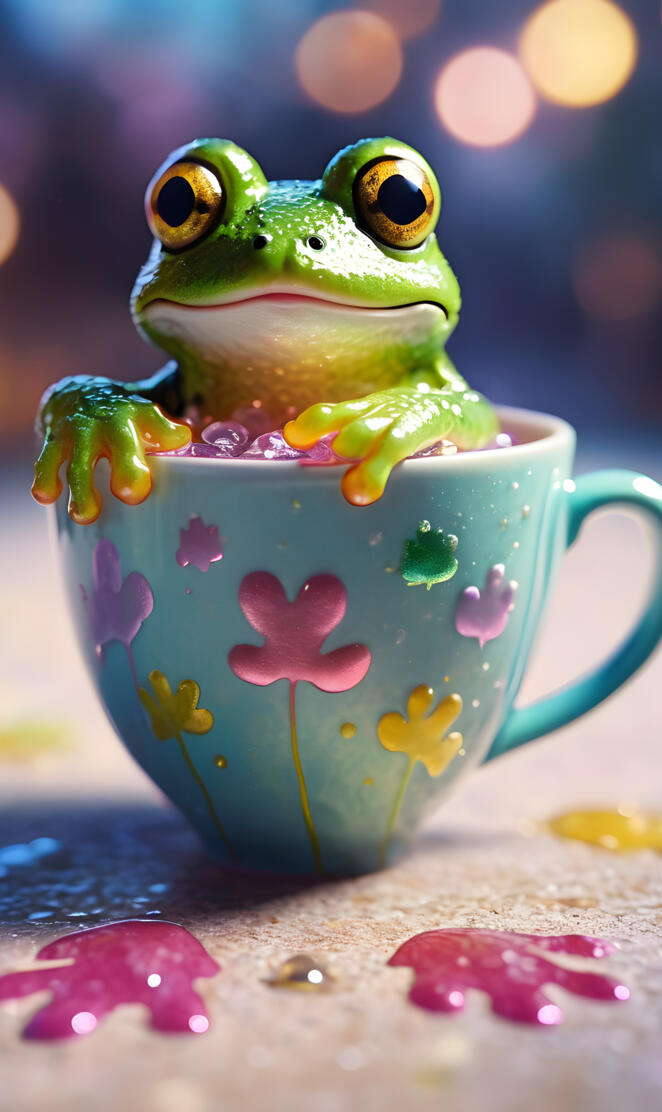 a green frog on a tea cup