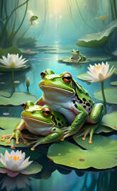 Frogs sitting on lily pads