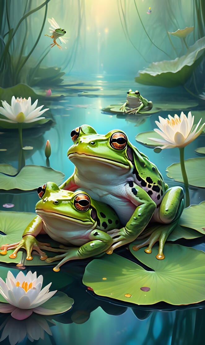 Frogs sitting on lily pads