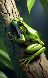 a green frog on a tree branch